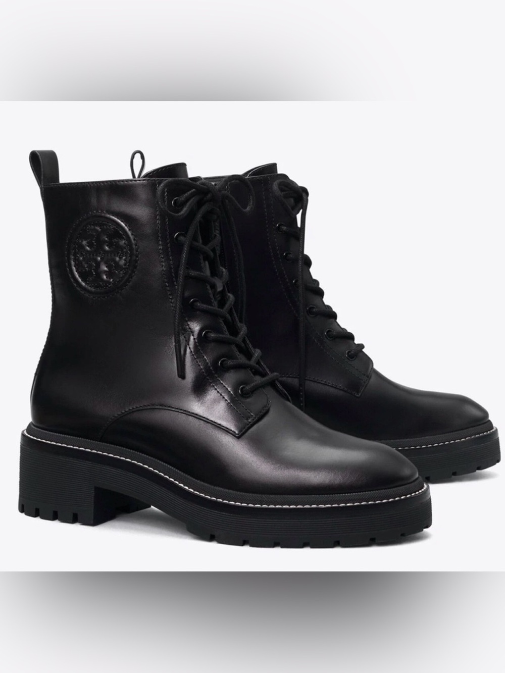 Tory Burch Lug Sole Ankle Boots Perfect Black Leather Lace Up Combat Size 7M New
